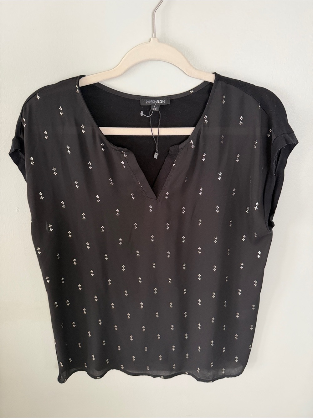 Papermoon Black Short-Sleeve V-Neck Blouse with Silver Dot Motif